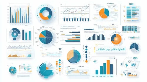 Infographic of charts and graphs presenting analytics and metrics, explaining everything you need to know about SEO.