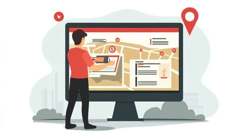 Illustration of a person using digital maps for business listings, showing everything you need to know about SEO.