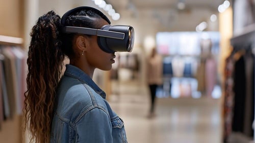 Woman using virtual reality in retail, showcasing immersive tech as part of the future of eCommerce trends.