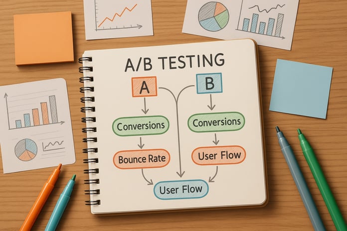 A/B testing process illustrated in a notebook, demonstrating how to compare conversions, bounce rate, and user flow.