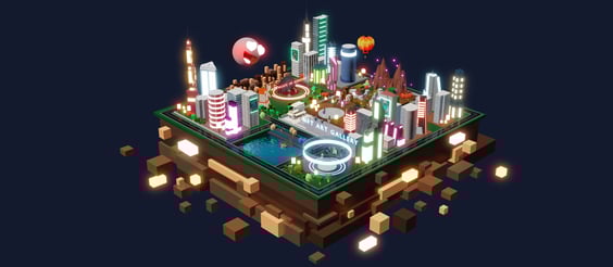3D virtual city design representing branded environments for digital marketing in the metaverse.