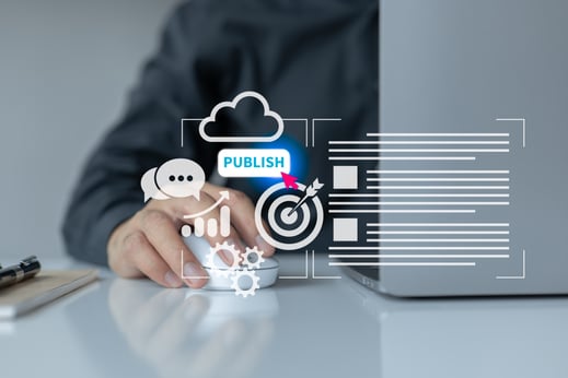 Person clicking publish with digital marketing icons, symbolizing targeted email marketing for your business strategy.