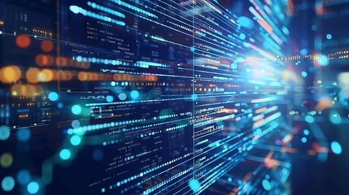 Visual concept of data networks and flow, representing data processor and controller systems under GDPR regulation.