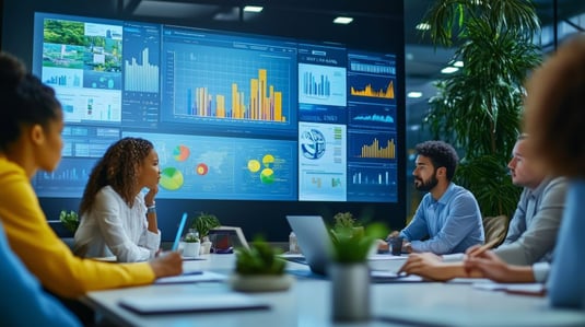 Marketing team is discussing data analytics and metrics on a large screen as part of a successful digital marketing strategy.