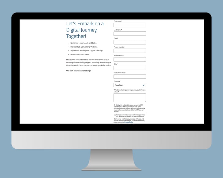 Contact form on the WSI site illustrating a simple layout to optimize your website for conversion and lead generation.